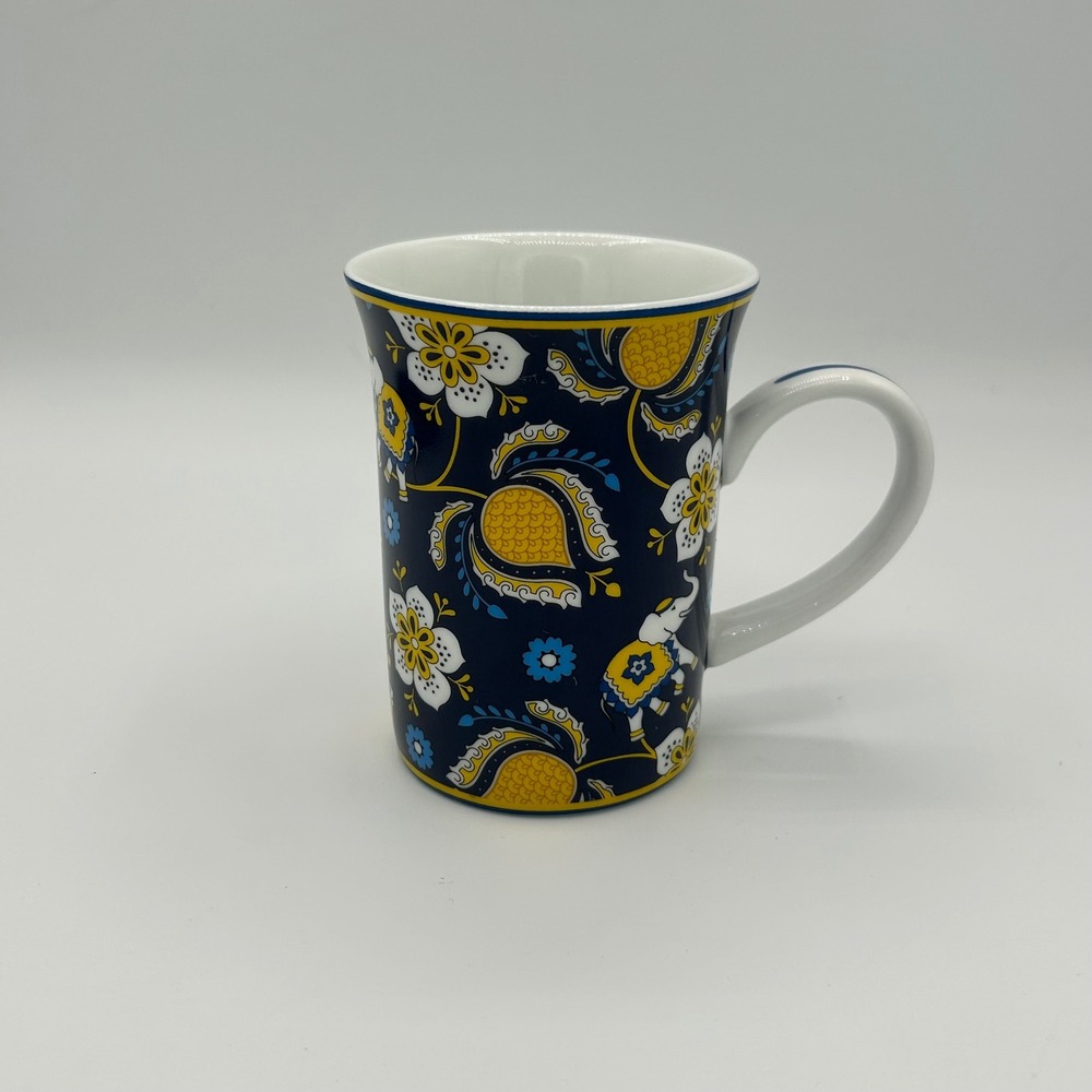 Vera Bradley Navy Blue Elephant Floral Paisley Ceramic Coffee Mug‎ 4.5 inch